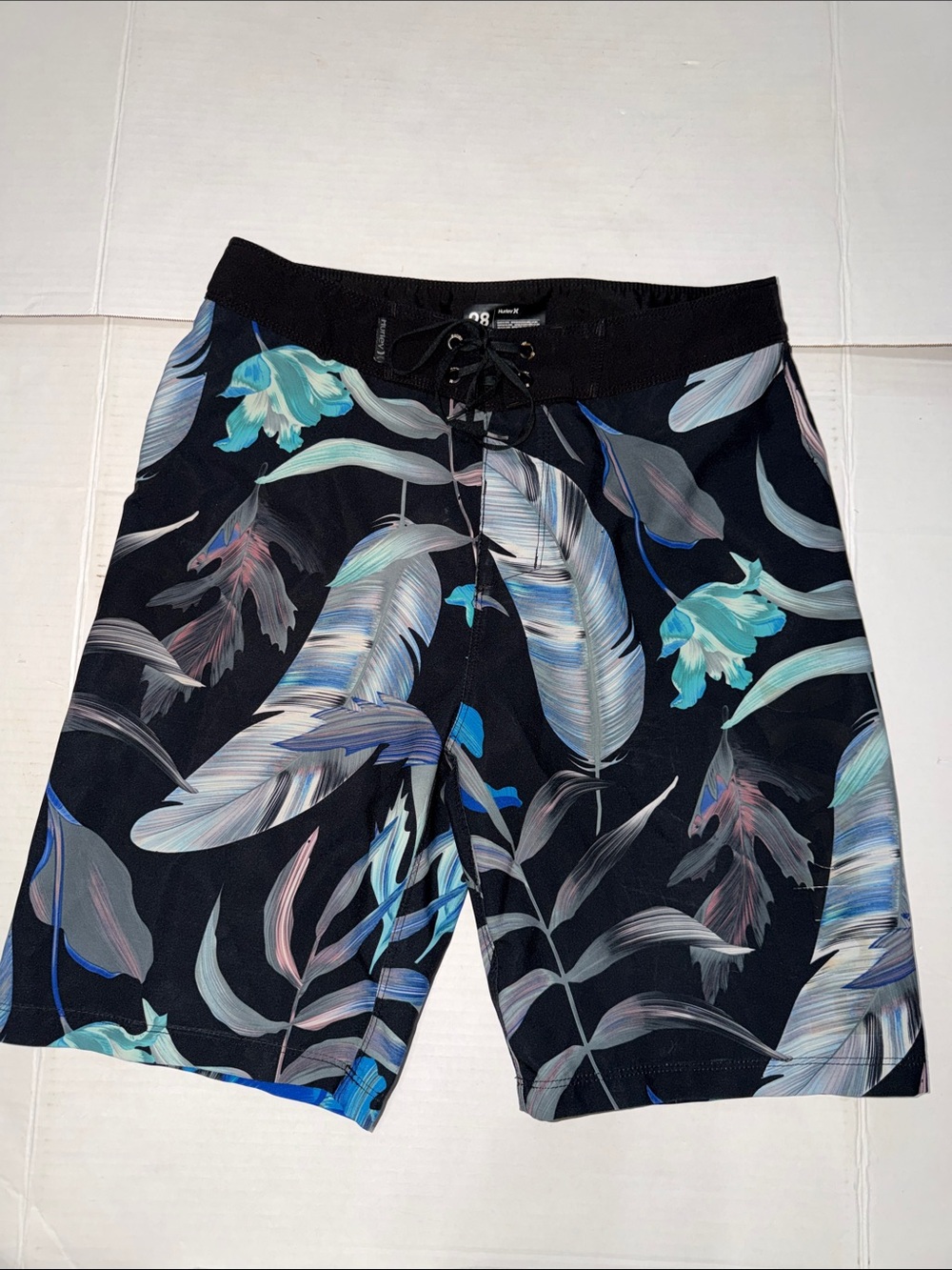Hurley Black Floral Feather Board Shorts with Teal Accents